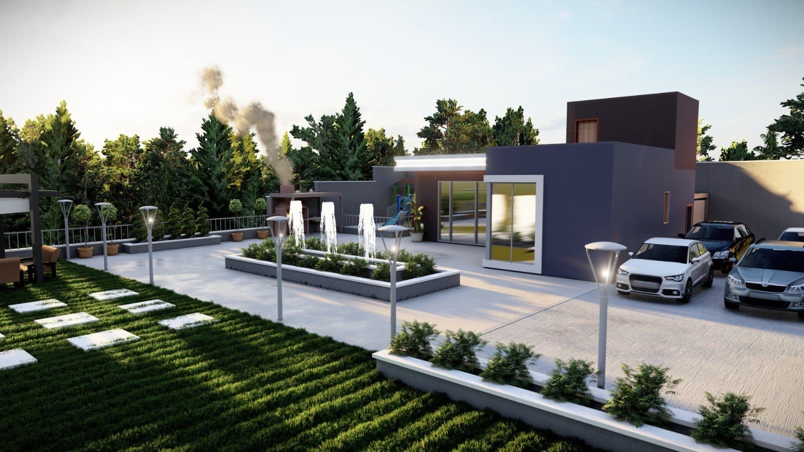 إظهار ثلاثي الأبعاد لتصميم حديقة مزرعة مع أحواض نوافير ومسطح أخضر وممرات حجرية، تصميم لاندسكيب في الأردن