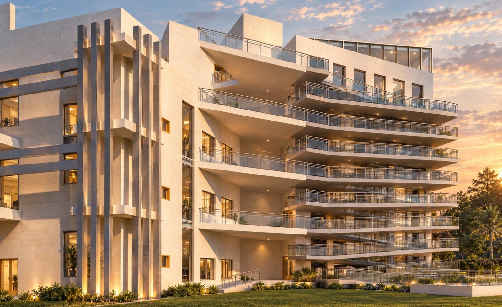 إظهار ثلاثي الأبعاد لعمارة سكنية بشرفات متدرجة وواجهة حجرية، تصميم عمارات سكنية في عمان